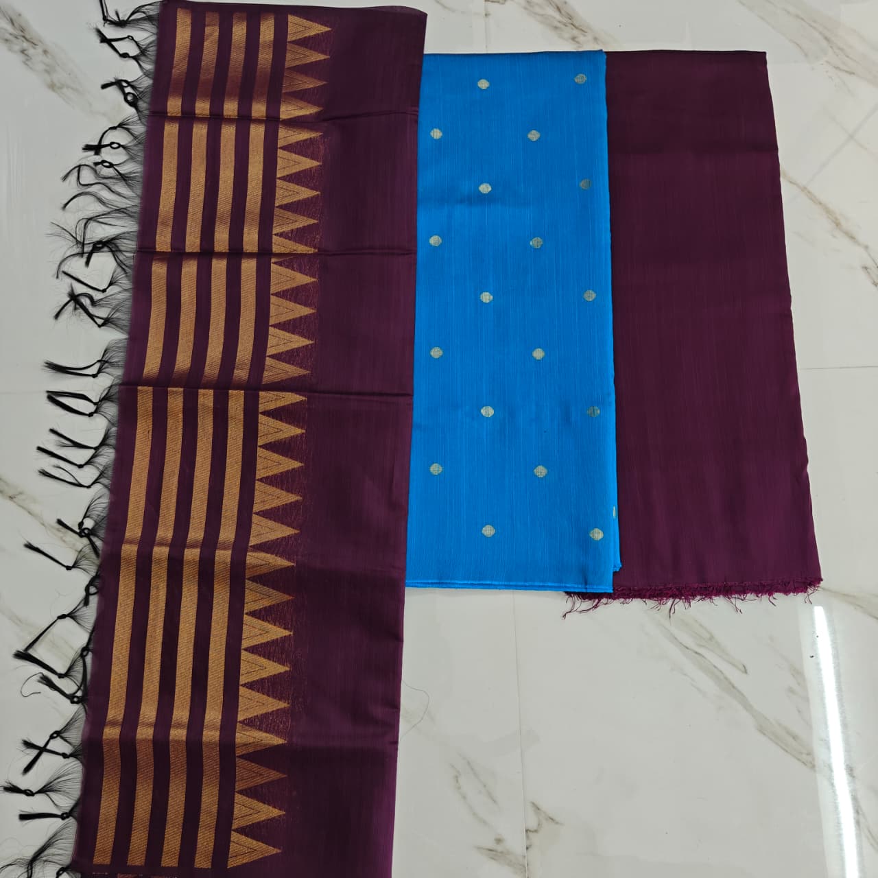 Raw silk chudi material - Blue Round wine