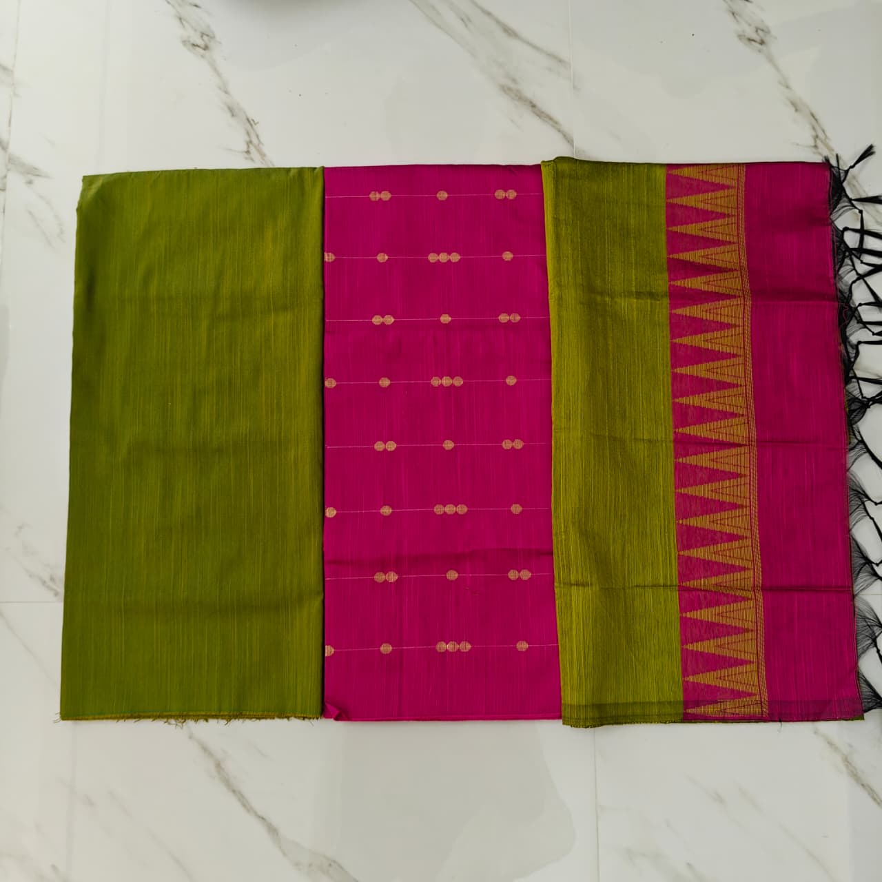 Raw Silk Chudi Material -   Rani pink chain round butta Top, olive green pant and olive green shawl with rani pink tower border