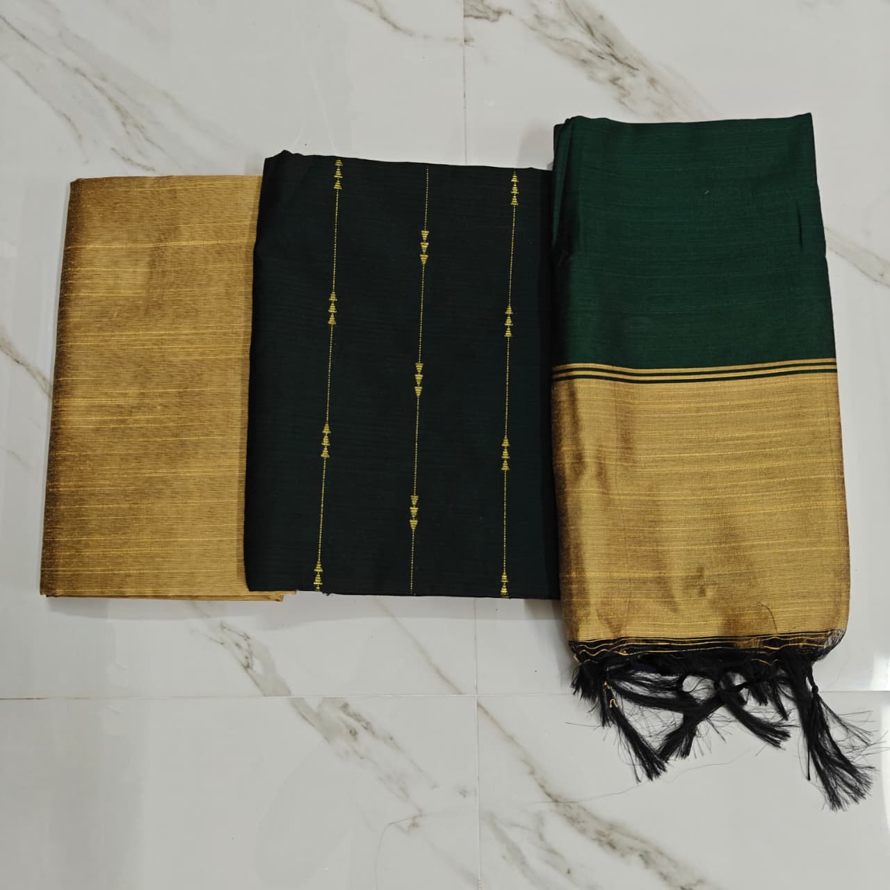 Raw Silk Salwar Materials - Green arrow zari with tusser combo