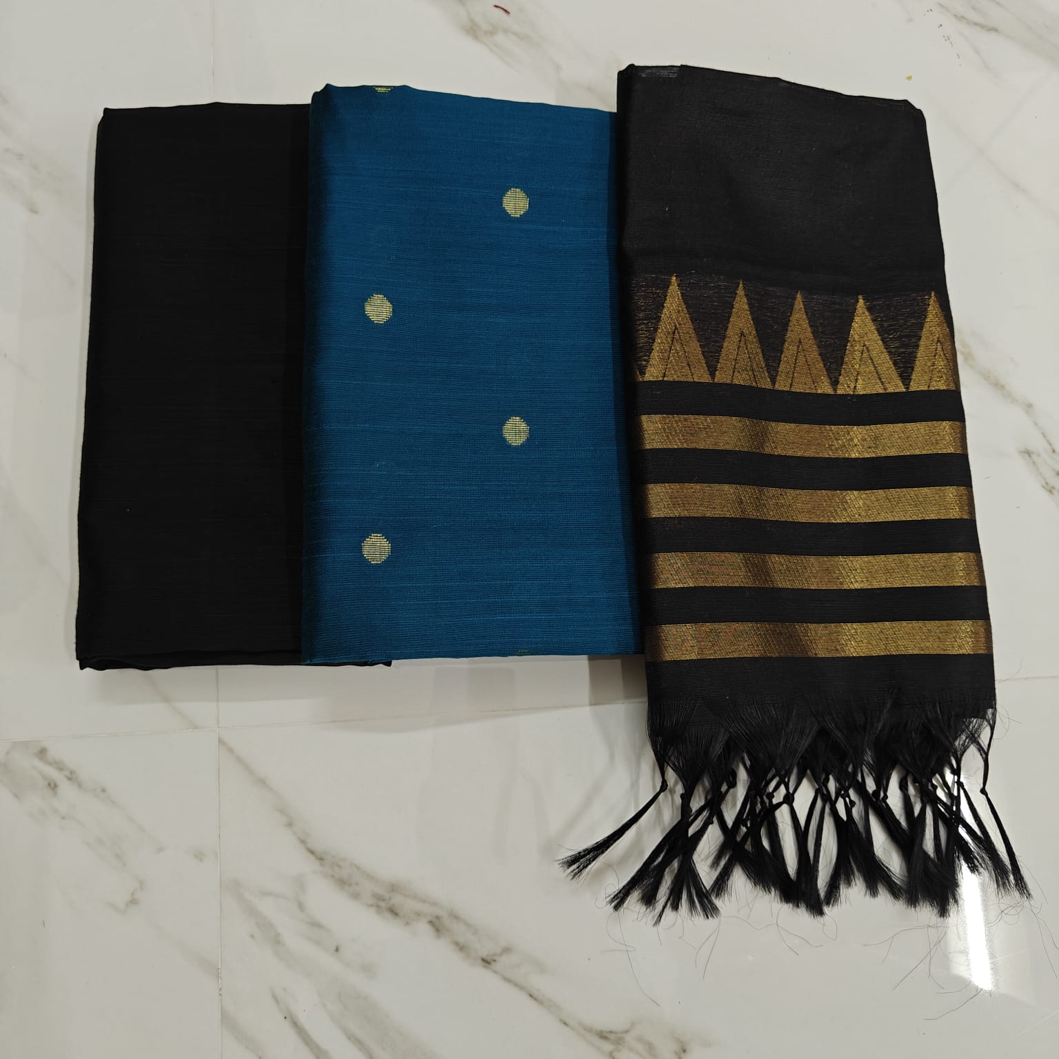 Raw Silk Salwar Materials - teal blue round butta, black tower duppata and plain pant