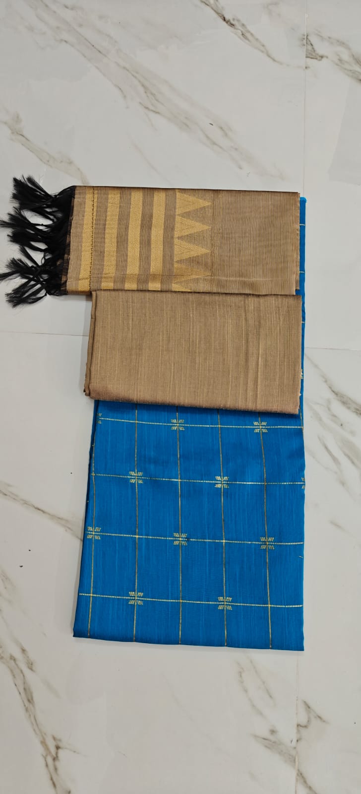 Raw Silk Salwar Materials - SKYBLUE FLOWER CHECKED TOP, TUSSER PLAIN PANT & TUSSER TOWER DUPPATA