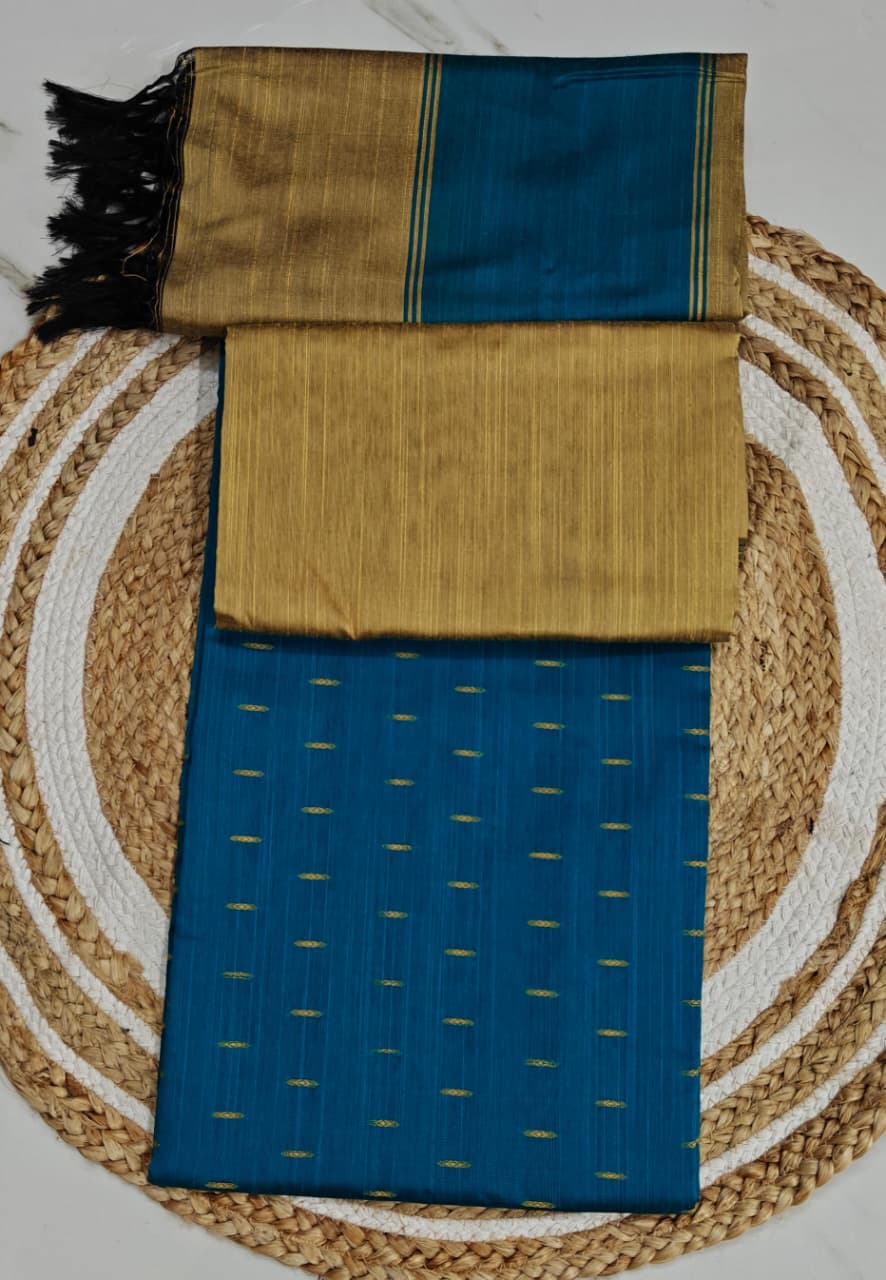 Raw Silk Salwar Materials - RAMA BLUE SMALL BUTTA TOP, TUSSER PLAIN PANT & PLAIN DUPPATA