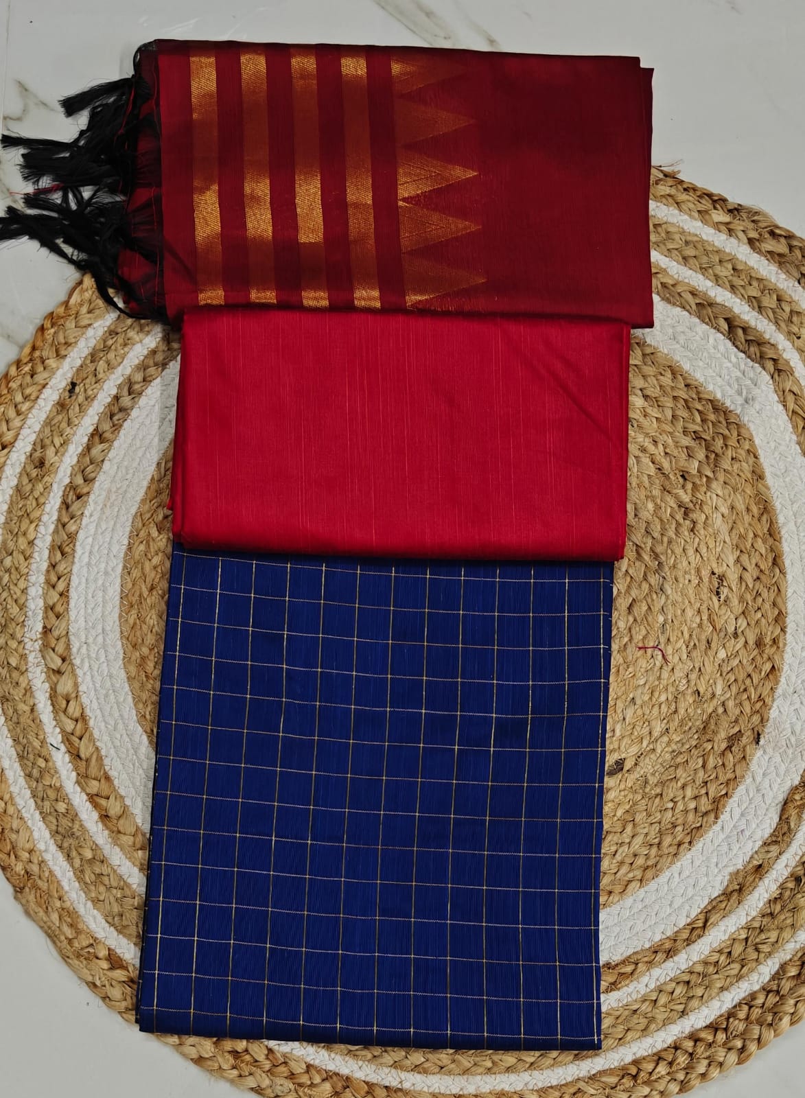 Raw Silk Salwar Materials - ROYAL BLUE SMALL CHECKED TOP, RED PLAIN PANT & RED TOWER DUPPATA