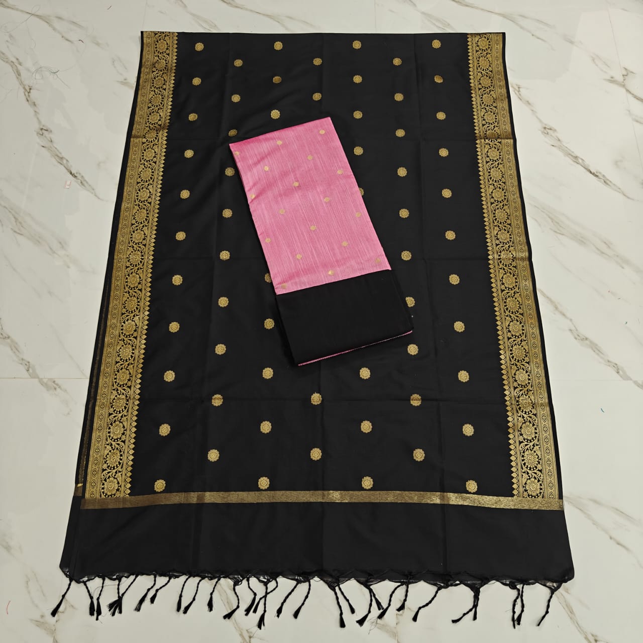 Raw Silk Jaquard banrasi duppata set - Light pink top & black