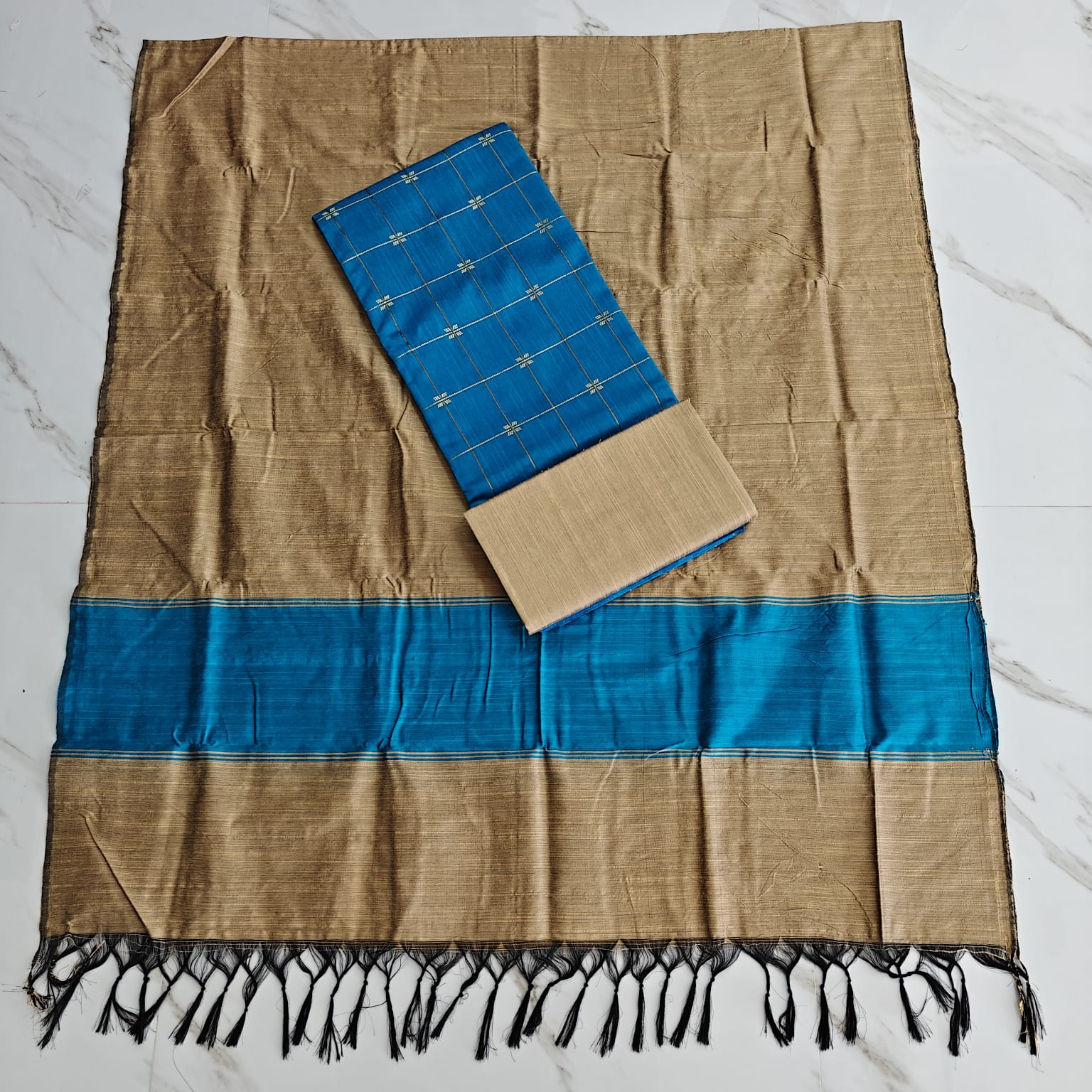 Raw Silk Salwar Materials - SKY BLUE FLOWER CHECKED & PLAIN SET