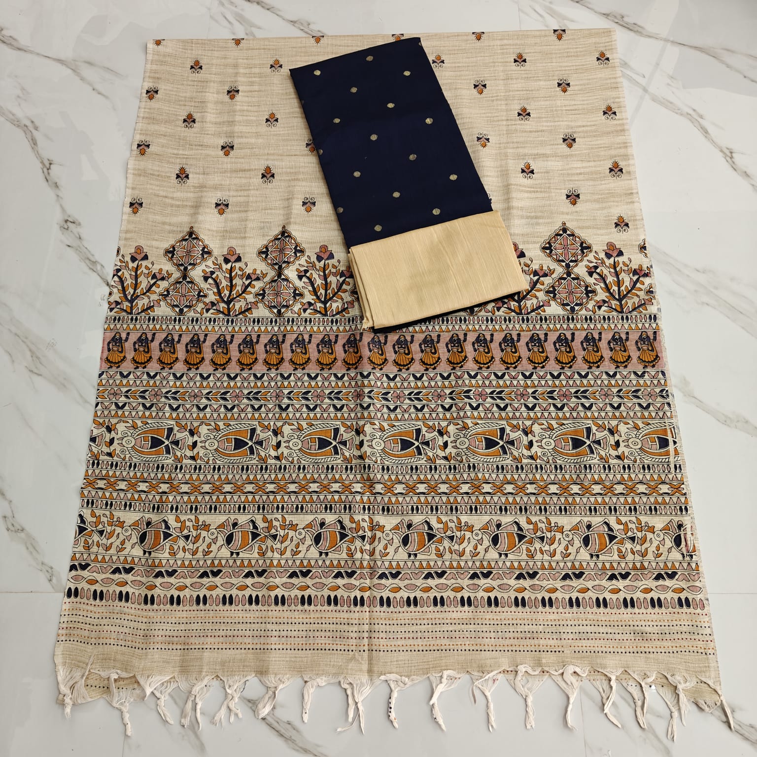 RAW SILK WITH KALAMKARI PRINTED DUPPATA - NAVY BLUE ROUND