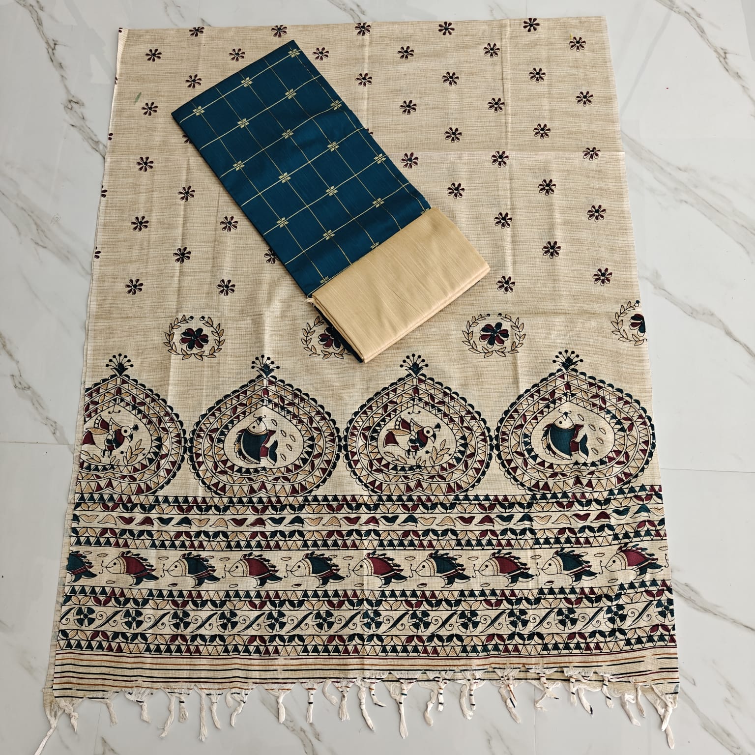 RAW SILK WITH KALAMKARI PRINTED DUPPATA - TEAL BLUE FLOWER CHECKED