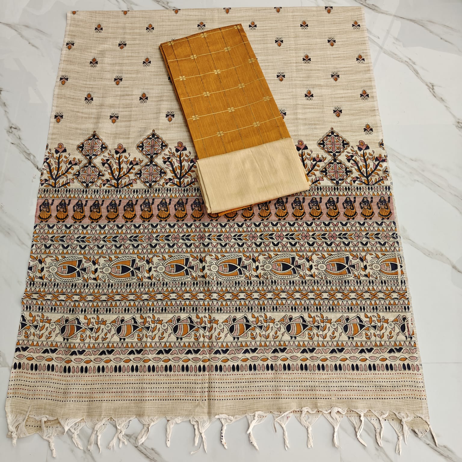RAW SILK WITH KALAMKARI PRINTED DUPPATA - Golden flower checked top