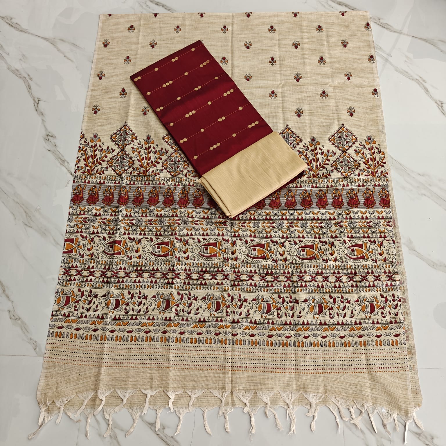 RAW SILK WITH KALAMKARI PRINTED DUPPATA - maroon 3 round butta top set