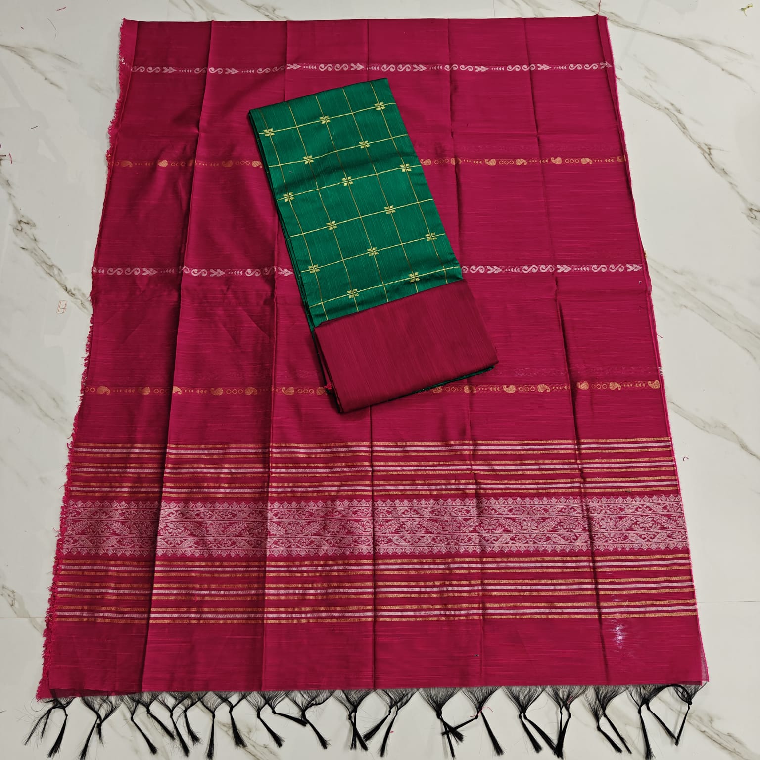 JAQUARD DUPPATA SET & raw silk set - RANI PINK DUPATTA & GREEN FLOWER CHECKED RTOP