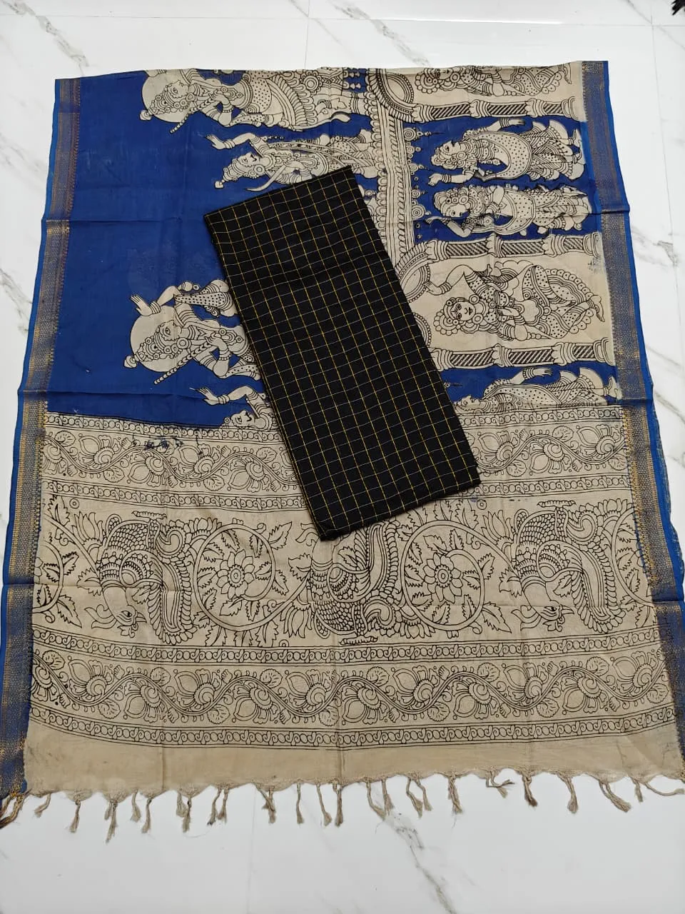 Chennuri silk nizam border kalamkari duppata ROYAL BLUE & Top (BLACK)