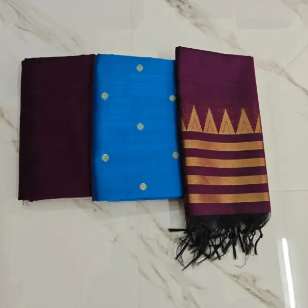 Raw silk chudi material - Blue Round wine