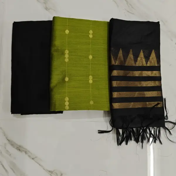 Raw silk chudi material - Olive green chain Top, Black Tower duppata and plain black pant