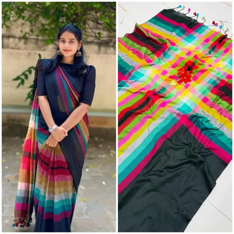 Multicolour Mulmul cotton saree