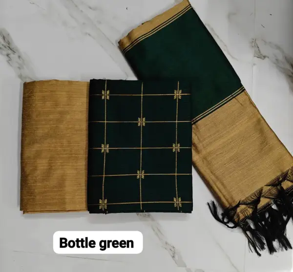 Raw silk chudi material - Bottle green checks top, Tusser with bottle green border duppata and Tusser colour pant