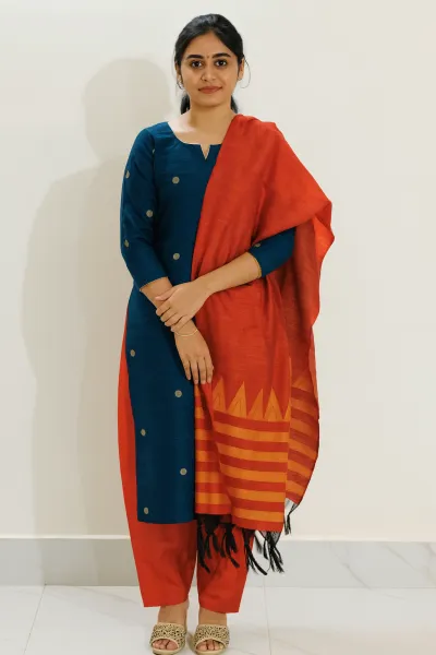 Raw silk chudi material - teal blue round butta & orange