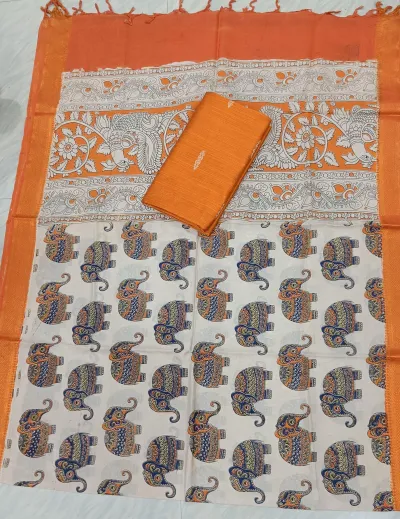 Raw silk top with elephant printed chennuri silk nizam border kalamkari duppata