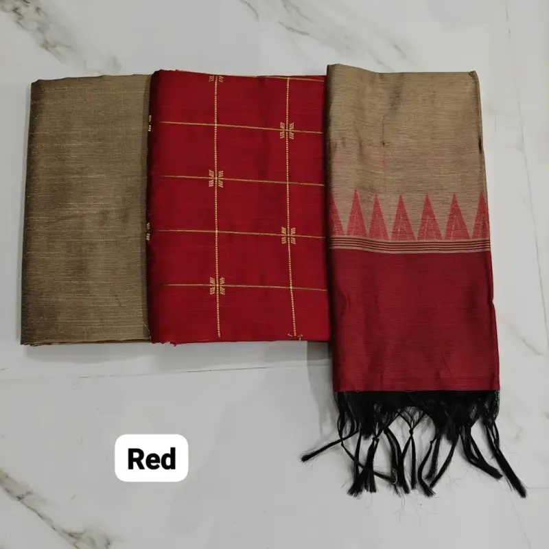 Raw Silk Salwar Materials - red flower checked, tusser plain pant & tower tusser duppata with temple red border