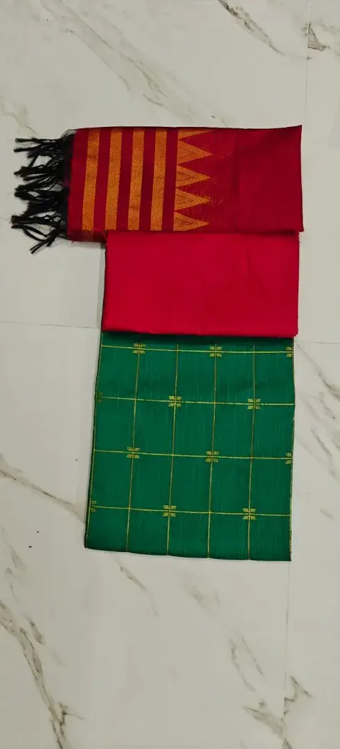 Raw Silk Salwar Materials - GREEN FLOWER CHECKED TOP, RED PLAIN PANT & RED TOWER DUPPATA