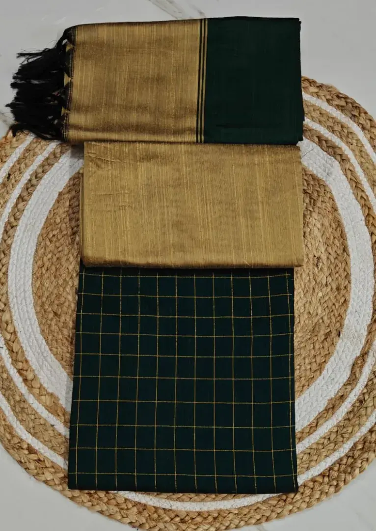 Raw Silk Salwar Materials - BOTTLE GREEN SMALL CHECKED TOP, TUSSER PLAIN PANT & PLAIN DUPPATA