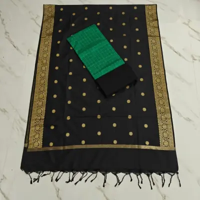 Raw Silk Jaquard banrasi duppata set - Green small  checks & black
