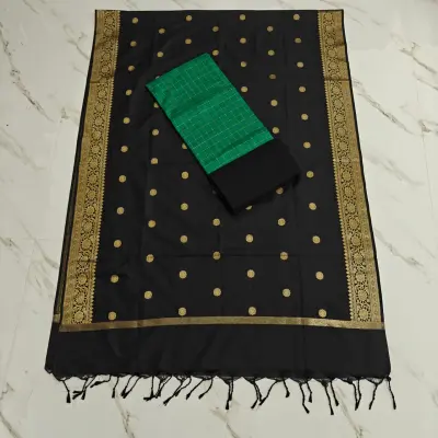 Raw Silk Jaquard banrasi duppata set - Green small  checks & black