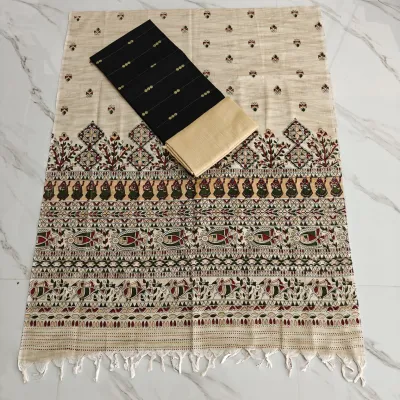 RAW SILK WITH KALAMKARI PRINTED DUPPATA - black 3 round butta top set