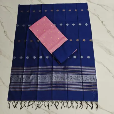 JAQUARD DUPPATA & RAW SILK SET - light pink round butta top & royal blue shawl