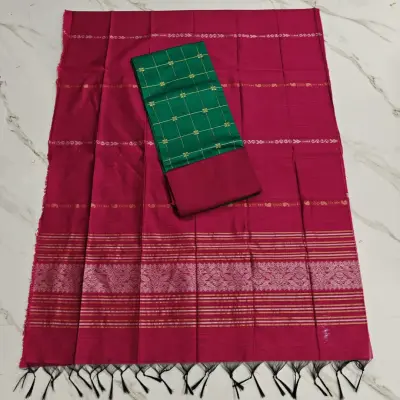 JAQUARD DUPPATA SET & raw silk set - RANI PINK DUPATTA & GREEN FLOWER CHECKED RTOP