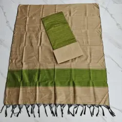 Raw Silk Salwar Materials - OLIVE GREEN SMALL CHECKED & PLAIN SET