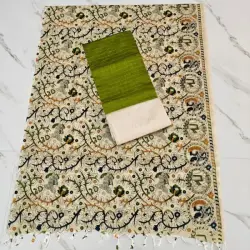 RAW SILK WITH KALAMKARI PRINTED DUPPATA - OLIVE GREEN