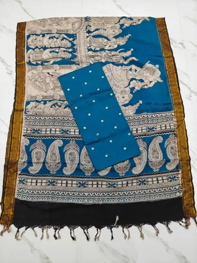 Chennuri silk nizam border kalamkari duppata TEAL BLUE & Top (TEAL BLUE)