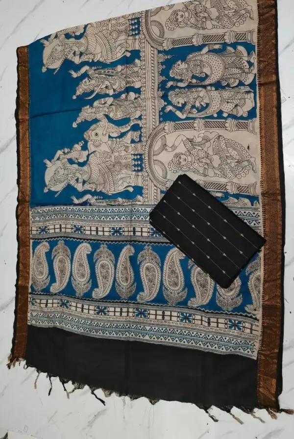 Chennuri silk nizam border kalamkari duppata TEAL BLUE
