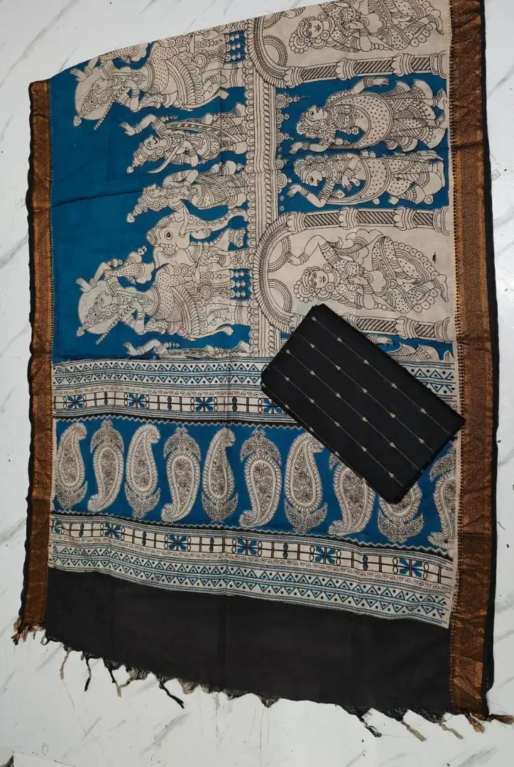 Chennuri silk nizam border kalamkari duppata TEAL BLUE