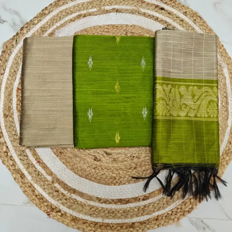 Raw silk chudi material - OLIVE GREEN & STRIPE DUPATTA