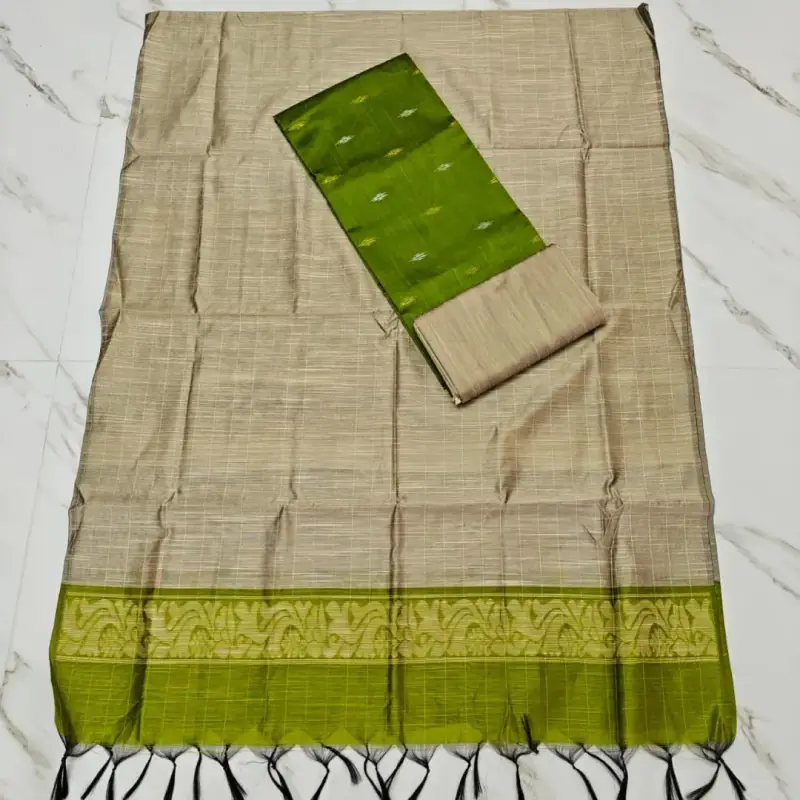 Raw silk chudi material - OLIVE GREEN & STRIPE DUPATTA