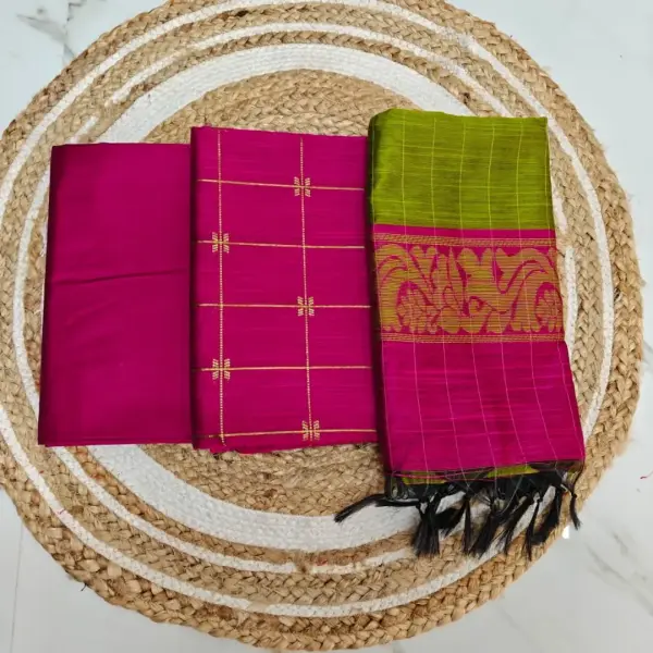 Raw silk chudi - RANI PINK & OLIVE GREEN DUPPATA & PANT