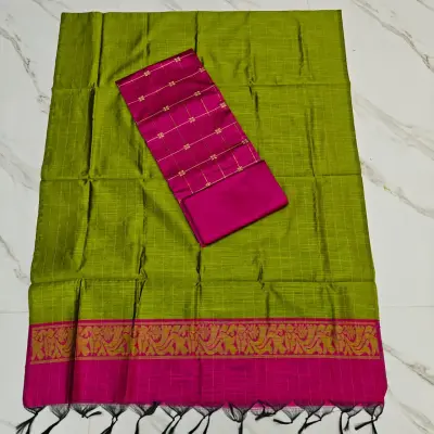 Raw silk chudi - RANI PINK & OLIVE GREEN DUPPATA & PANT