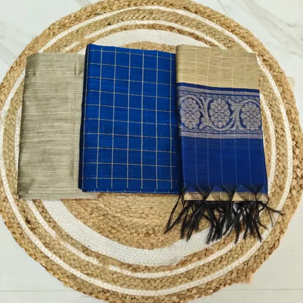 Raw silk chudi - ROYAL BLUE SMALL CHECK , DUPATA & PANT