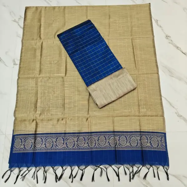 Raw silk chudi - ROYAL BLUE SMALL CHECK , DUPATA & PANT