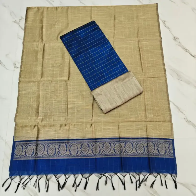 Raw silk chudi - ROYAL BLUE SMALL CHECK , DUPATA & PANT