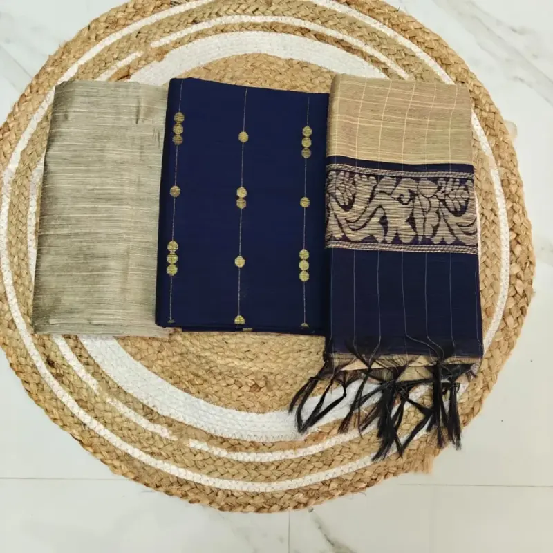 Raw Silk Salwar Materials -NAVY BLUE