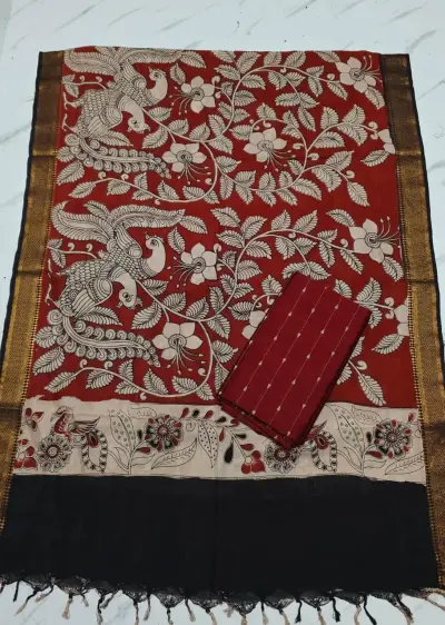 Raw silk top with chennuri silk nizam border kalamkari duppata RED