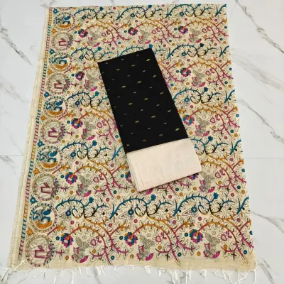 RAW SILK WITH KALAMKARI PRINTED DUPPATA -BLACK
