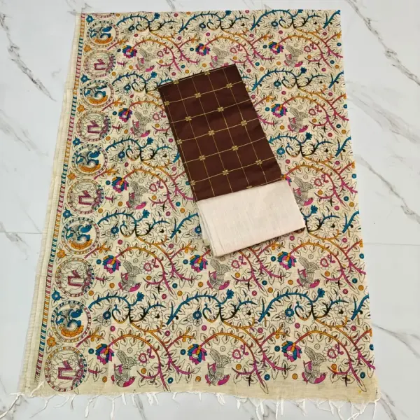 RAW SILK WITH KALAMKARI PRINTED DUPPATA - COFFEE BROWN