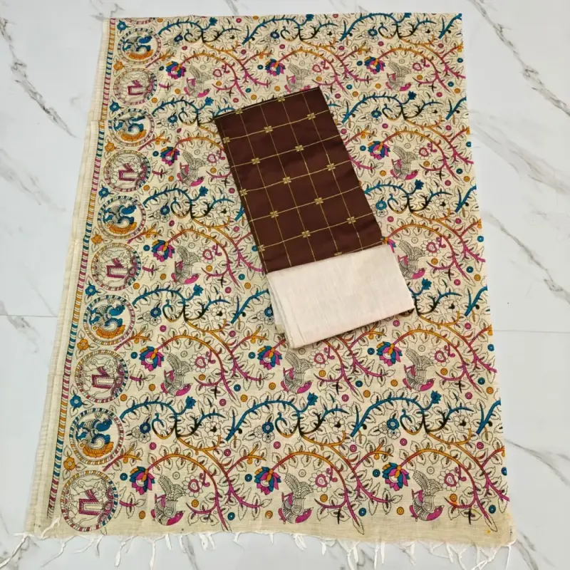 RAW SILK WITH KALAMKARI PRINTED DUPPATA - COFFEE BROWN