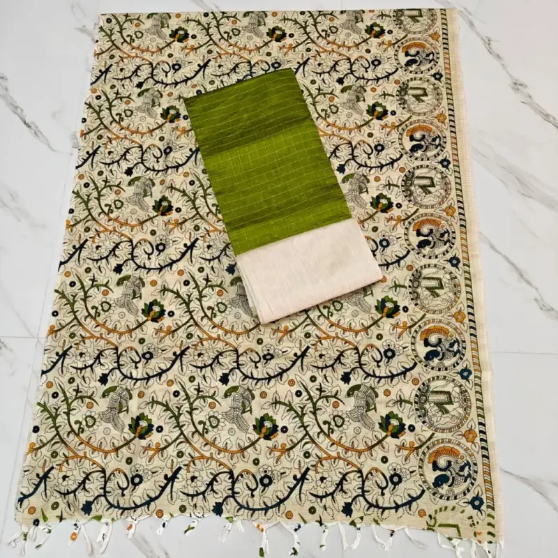 RAW SILK WITH KALAMKARI PRINTED DUPPATA - OLIVE GREEN