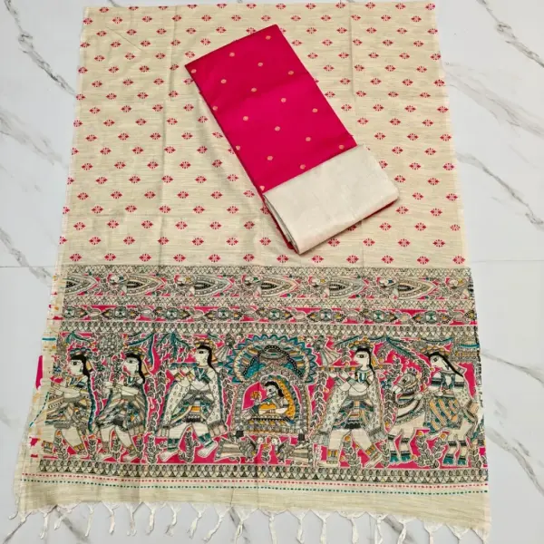 RAW SILK WITH KALAMKARI PRINTED DUPPATA -RANI PINK
