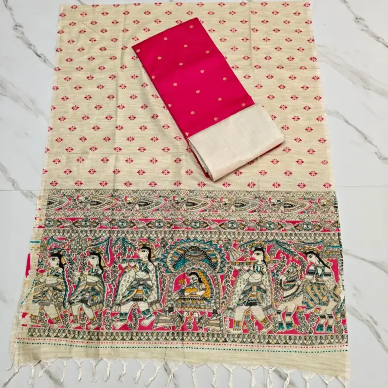 RAW SILK WITH KALAMKARI PRINTED DUPPATA -RANI PINK